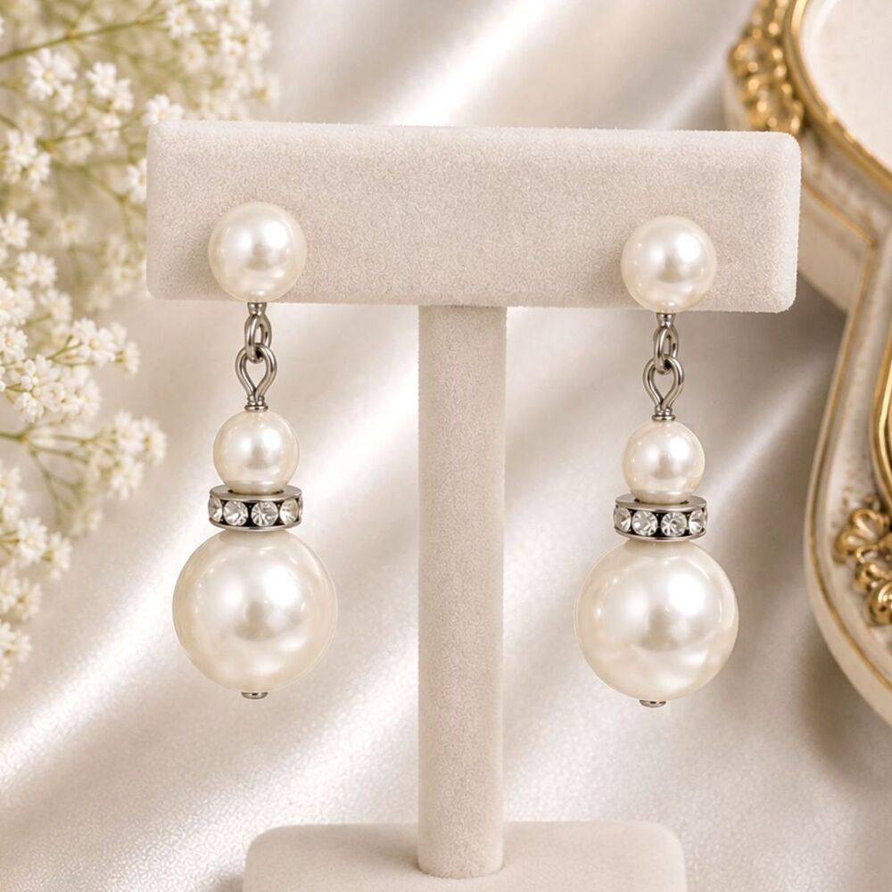 Vintage Mid Century Faux Pearl Rhinestone Rondelle Screw Back Earrings